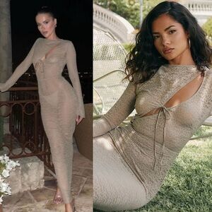 House of CB Giovanna Stone Floral Lace Cut Out Maxi Dress Tan XS